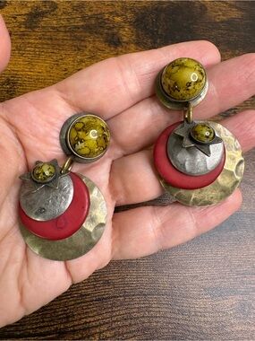 Olive Green and Coral Mixed-Metal Hammered Drop Earrings with Suns